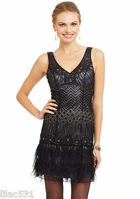 SUE WONG Nocturne 1920's Feather Flapper Dress Beaded GATSBY Black