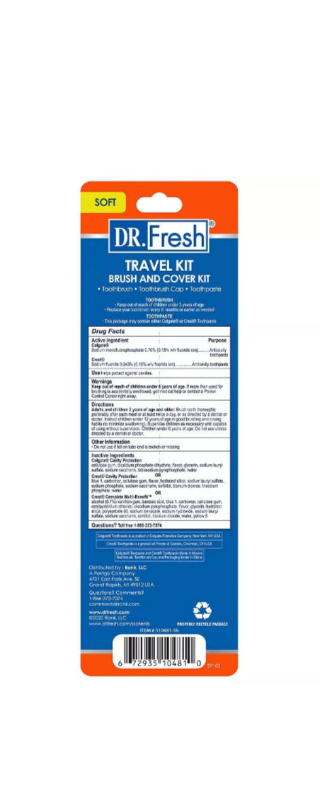 **5 PACK** Dr. Fresh Toothbrush Travel Kit w/ Crest plus+ Paste & Brush Head Cap