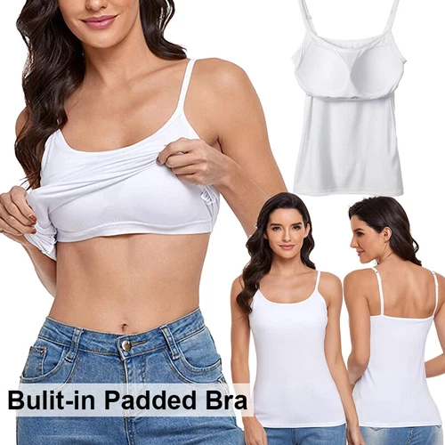 Women's Basic Spaghetti Strap Camisole with Built-in Padded Bra Tank Top Layer - Picture 1 of 31