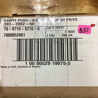 100 Piece (50 pr) E-A-R Earfit 393-2002-50 Push-Ins Probed Test Ear Plug E55