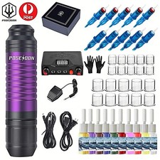 POSEIDON Tattoo Machine Kit Rotary Motor Pen Gun Power Supply Color Inks Needle