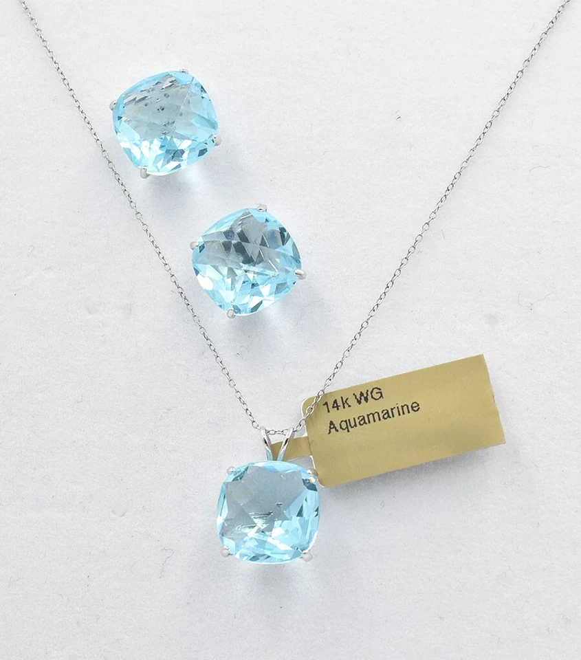JUEGO DE PENDIENTES Y COLGANTES AGUAMARINA A CUADROS 20,78 CTS ORO BLANCO 14k - Nuevo con etiquetas Foto 3 de 4