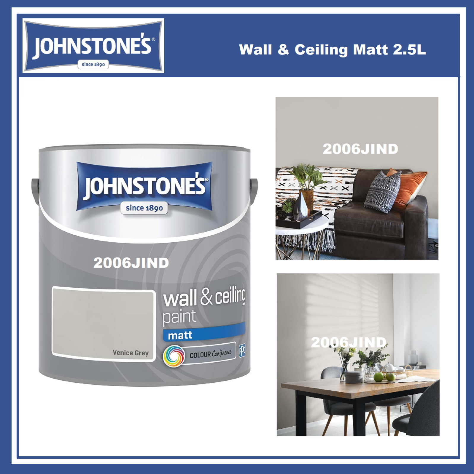 Johnstones Venice Grey Matt Emulsion Paint For Walls & Ceilings 2.5L