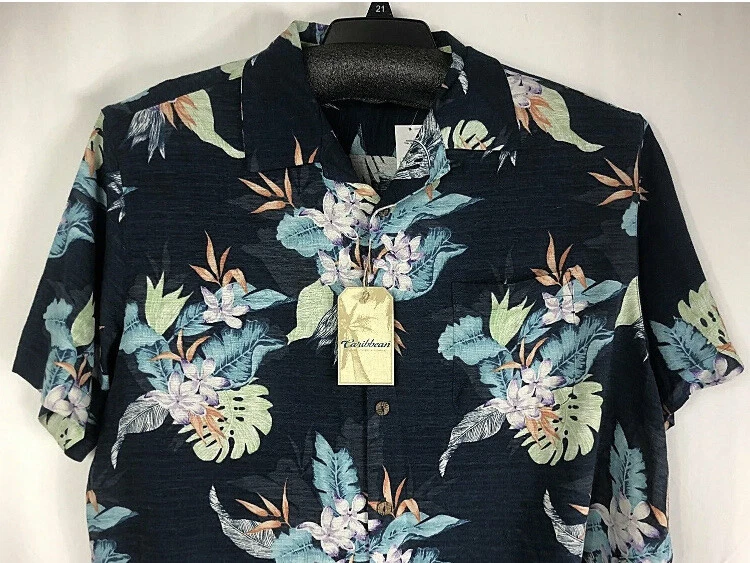 Карибская мужская рубашка XL на пуговицах из шелковой смеси с коротким рукавом гавайский синий цветочный узор - Изображение 2 из 4