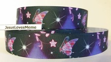 Grosgrain Ribbon, Butterflies in the Night Sky, Flowers Stars, Butterfly 1" Wide