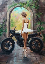 Ballerina Oil Painting. Ballerina and Black Motorcycle. Evoking Passion To Power