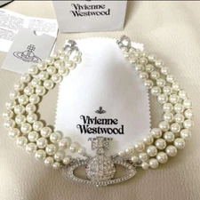 Vivienne Westwood Necklace Triple Pearl Choker Silver IN BOX