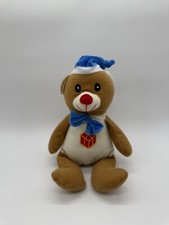 Kellytoy Teddy Bear 9" Plush Tan Cream Red Nose Blue Hat Bow Stuffed Animal Toy