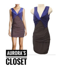 Halston 0 Gray Dress Bodycon Ruched Draped Stretch Deep V $350