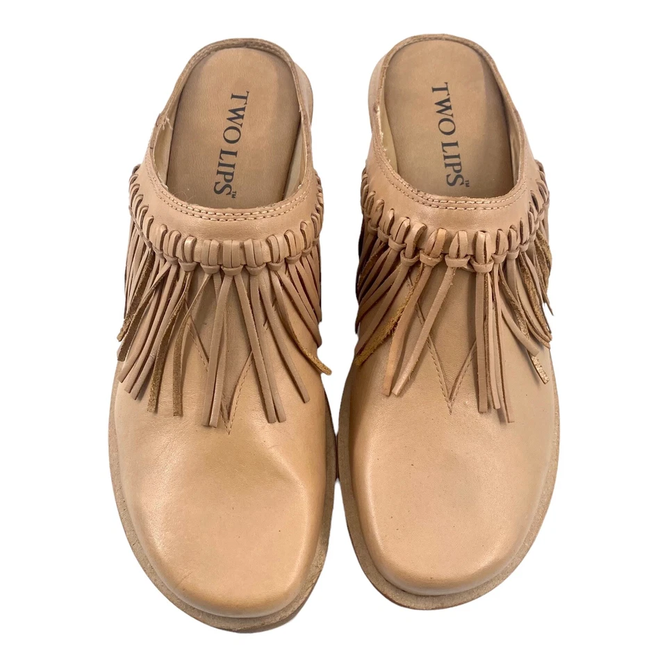 Zuecos de madera con flecos de cuero Sylvia de dos labios zapatos sin cordones tacón grueso 8M Foto 2 de 4