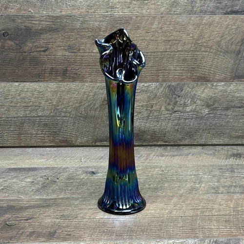 Fenton Fine Rib Carnival Glass 12.5” Vase Blue-pink-green-purple-red