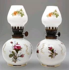 VTG 2 Milk Glass Oil Lamp Pink Rose Floral Matching Globe Small Mini Miniature