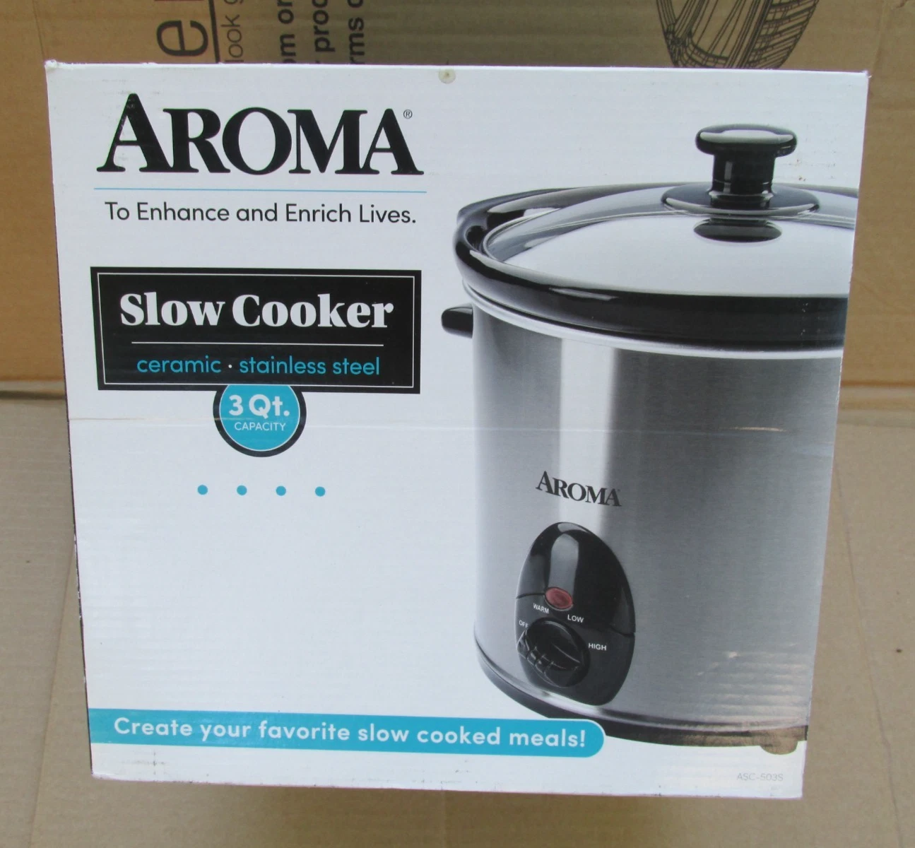 Aroma 3 Quart Slow Cooker Ceramic Stainless Steel Round ASC-503S