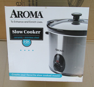 Aroma 3 Quart Slow Cooker Ceramic Stainless Steel Round ASC-503S