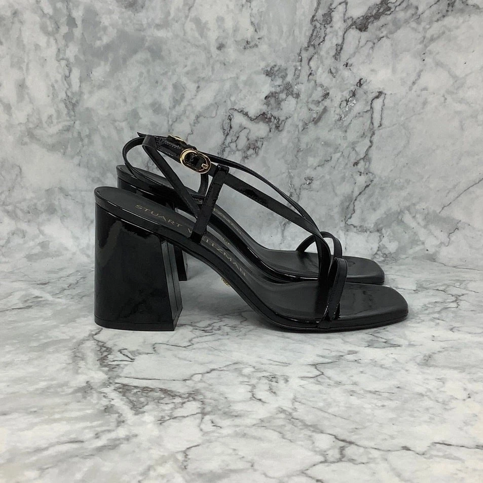 Stuart Weitzman Sz 9B Black Soire 85 Patent Leather Sandals Block Heels A6-1 - Image 3 of 4