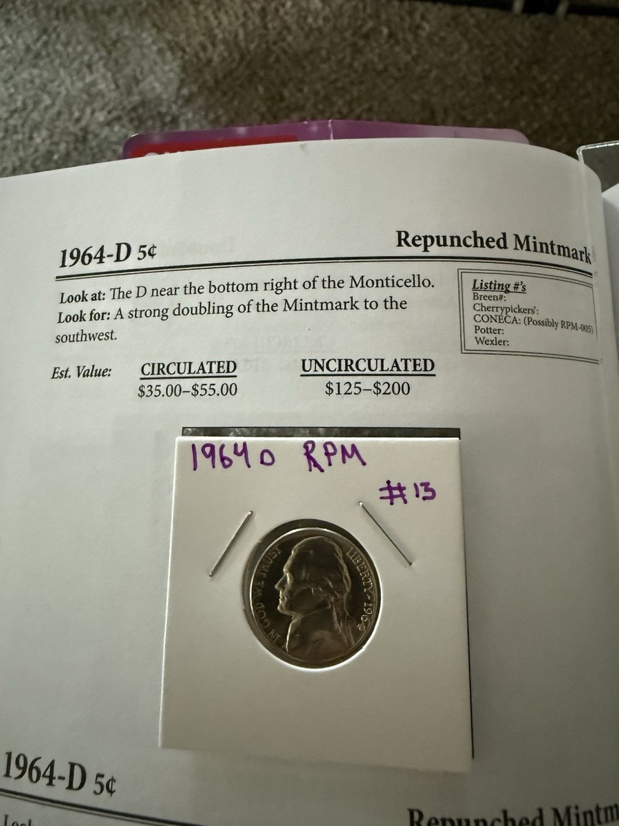 1964 D Jefferson Nickel RPM 005 Repunched Mintmark Error UNC