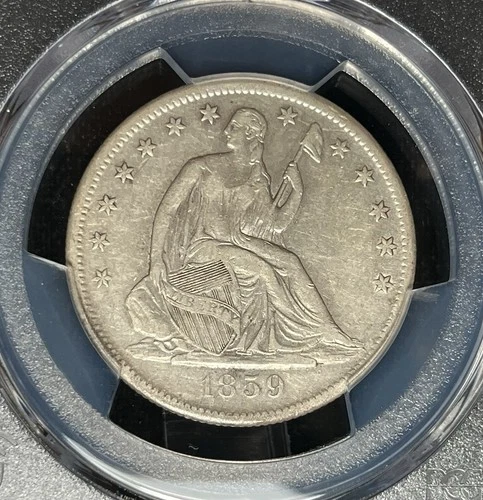 1859 S 50c PCGS VF35 Key Date Seated Liberty Half Dollar Looks XF~Mntg 566K~LA16
