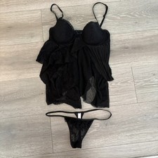 Victoria's Secret Womens Black Ruffle Pleated Babydoll 2 Piece Set Size M 36B