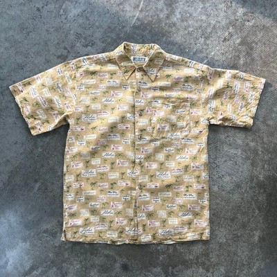 VTG 90s Bugle Boy Postcard Print Aloha Shirt Medium Ramie Cotton Coastal Grandad