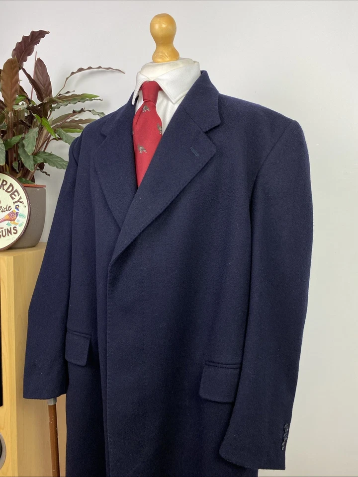 CROMBIE (46R) Pure New Wool Long Overcoat Covert Coat Jacket Navy Blue Modern - Image 3 of 4