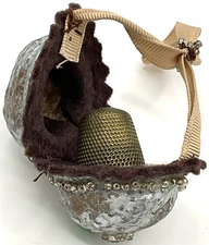 Vintage Real Walnut Folk Art Thimble Holder Hand Made Sewing Notion Beads Felt