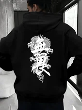 Men's Casual Versatile Hooded Sweatshirt with Fashionable Dragon Print, Outdoor