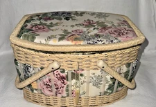 Vintage Woven Wicker Sewing Basket Floral w/Vtg Sewing Supplies Large 13x9x8