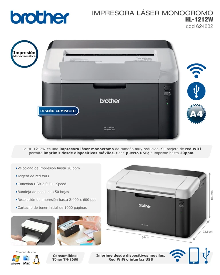 Stampante Laser Bianco e Nero BROTER HL-1212W FORMATO A4 WI-FI NUOVA - Immagine 3 di 4