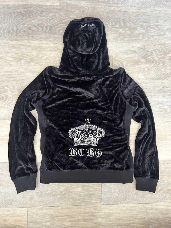 BCBGMAXAZRIA черный измельченный бархат молнии толстовка с капюшоном Crown графический готический сценарий Y2K - Изображение 4 из 4