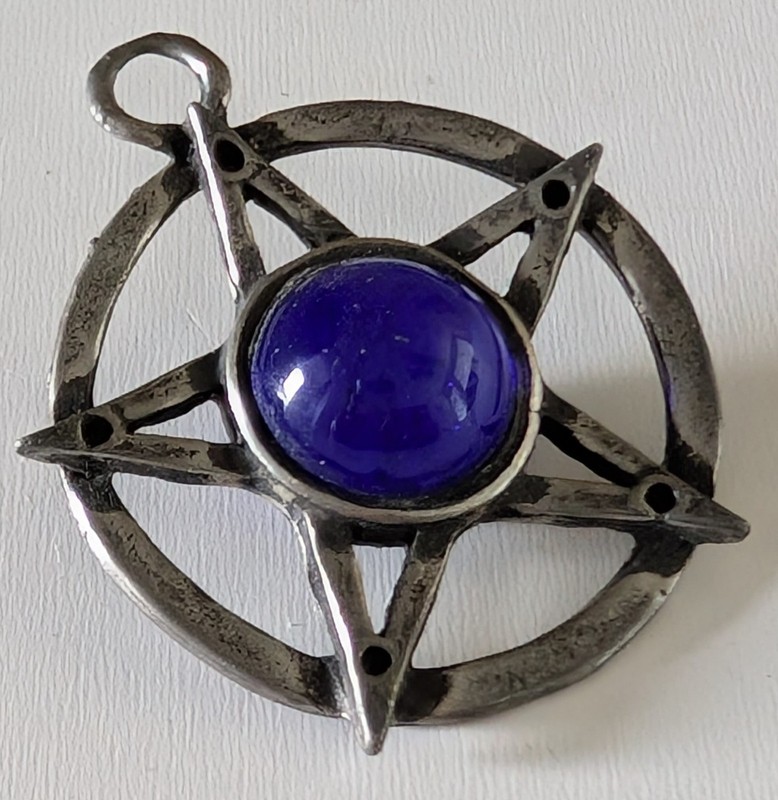 Vintage Pentagram Blue Glass Orb Pendant Star Wiccan Pentacle