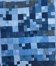 Handmade Denim Patchwork Quilt Throw Blanket Mixed Blue Jean Colors 66" x 80"