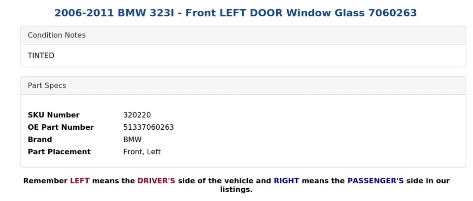 2006-2011 BMW 323I - передняя левая дверь стекло окна 7060263 - Изображение 3 из 4