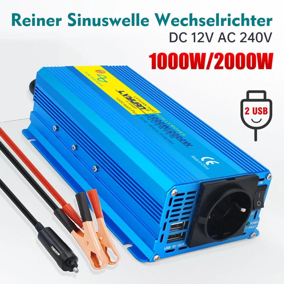 LVYUAN 1000W 2000W 12V 230V Reiner Sinuswelle Wechselrichter Auto Spannungswandler 2USB
