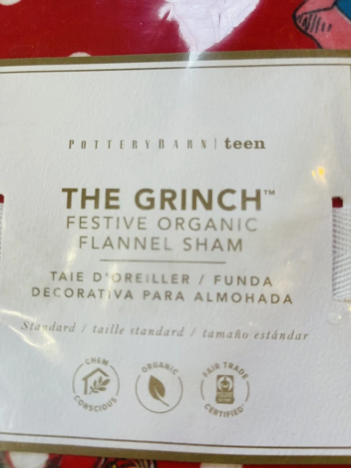 Almohada estándar Pottery Barn Teen The Grinch festiva de franela falsa NUEVA Navidad Foto 3 de 4