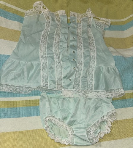 Vintage Lingerie Henson Kickernick 2 Pc w/ panties baby doll Nylon sz S Green - Picture 2 of 15