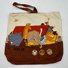 Vintage Canvas Tote Bag Noah's Ark Theme Cartoon Animals Flowers Reversible