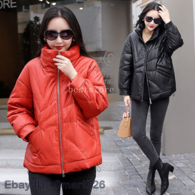 Stand Collar Short Real Duck Down Leather Sheepskin Coat Womens Zip Jacket Parka
