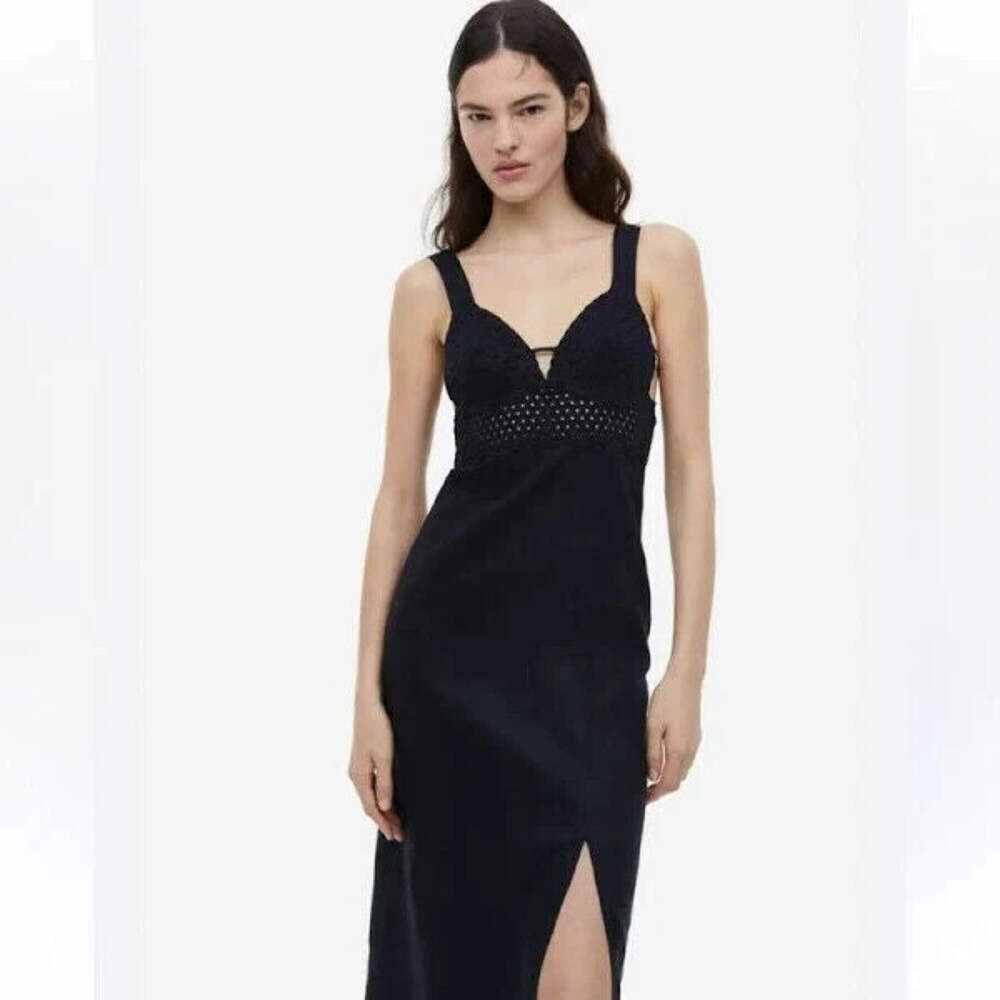 H&M Linen Dress with Eyelet Embroidery Black Size XXL NWT