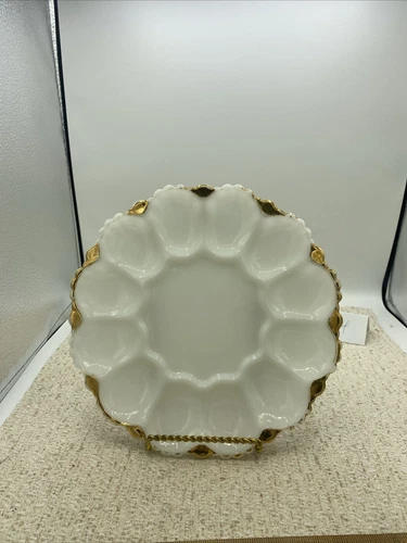 Anchor Hocking Milk Glass Deviled Plate . Gold Trim. Partial Gold Trim Missing
