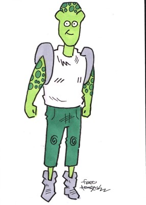 THE GREEN MAN - OMEGA MEN - Fred Hembeck Original Sketch Card 2.5'' x 3.5'' signed