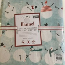 Pottery Barn Kids CHEERY SNOWMEN COTTON FLANNEL QUEEN SHEETS CHRISTMAS Winter