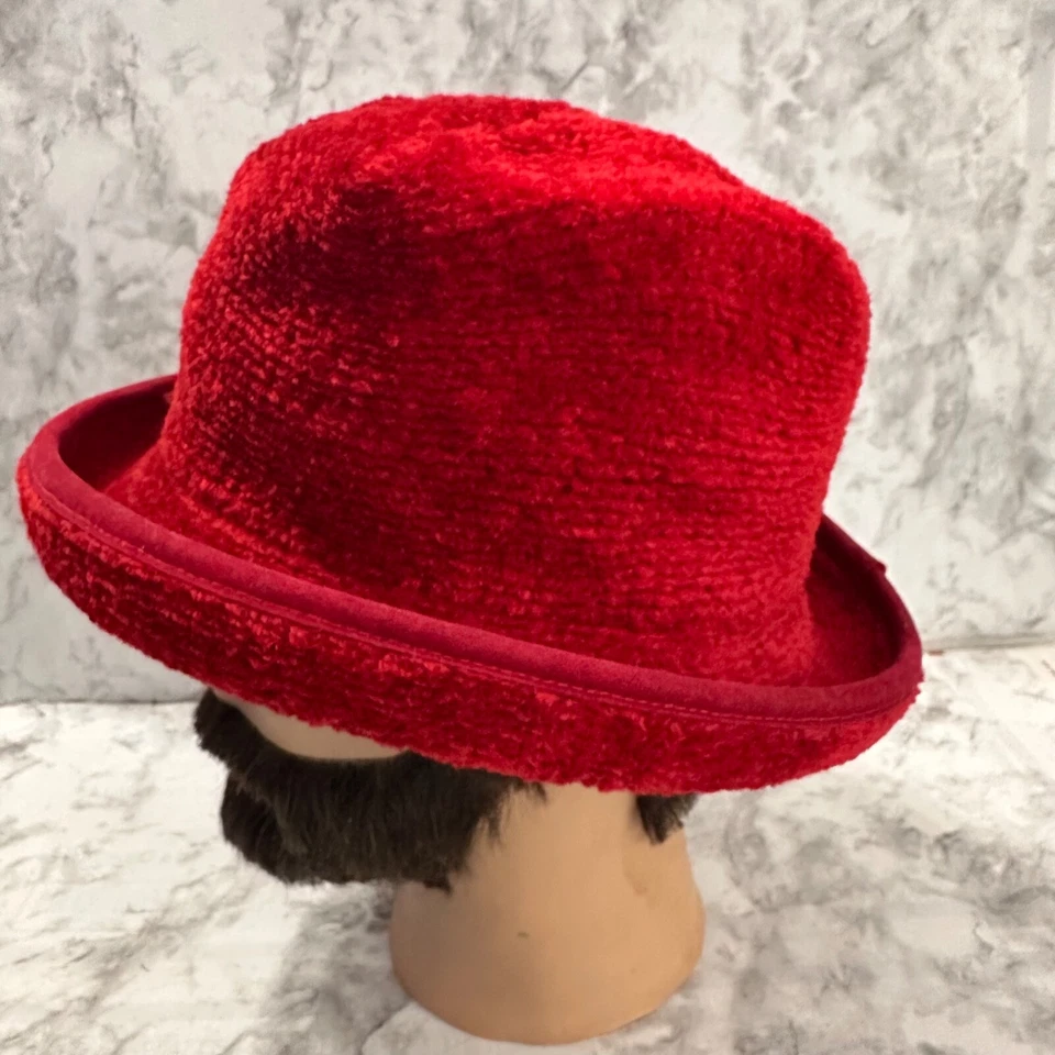 复古红色雪尼尔帽女式均码红色卷边波西米亚节日 — 第 3/4 张图片