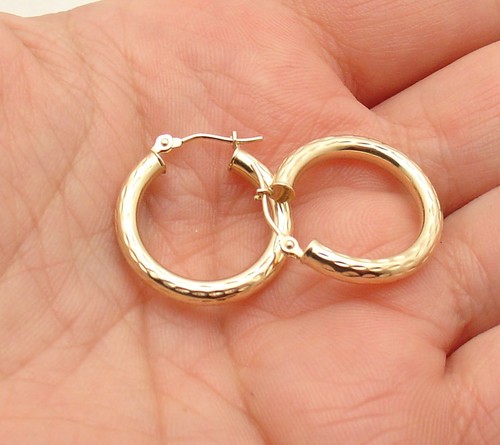 3/4" Full Diamond Cut Hoop Earrings Real 14K Yellow Gold 3X20mm FREE SHIPPING - Picture 3 of 4