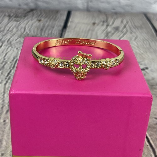 Betsey Johnson SKULL Pink Bow Rhinestone Heart Hinged Bangle Bracelet