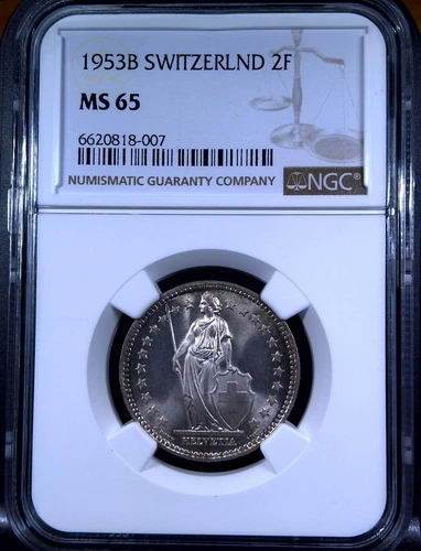 1953 B SWITZERLAND 2F - NGC MS65 - Low Mintage Exceptional Example ++Toning++