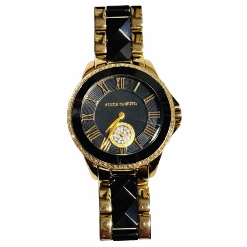 Vince Camuto Women's Round Gold-Tone Black Ceramic Bracelet Watch VC/5046BKGB