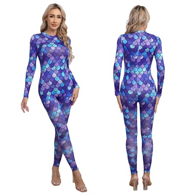 Womens Jumpsuit Cosplay Fish Scale Print Fitness Bodysuit Mock Neck Rompers