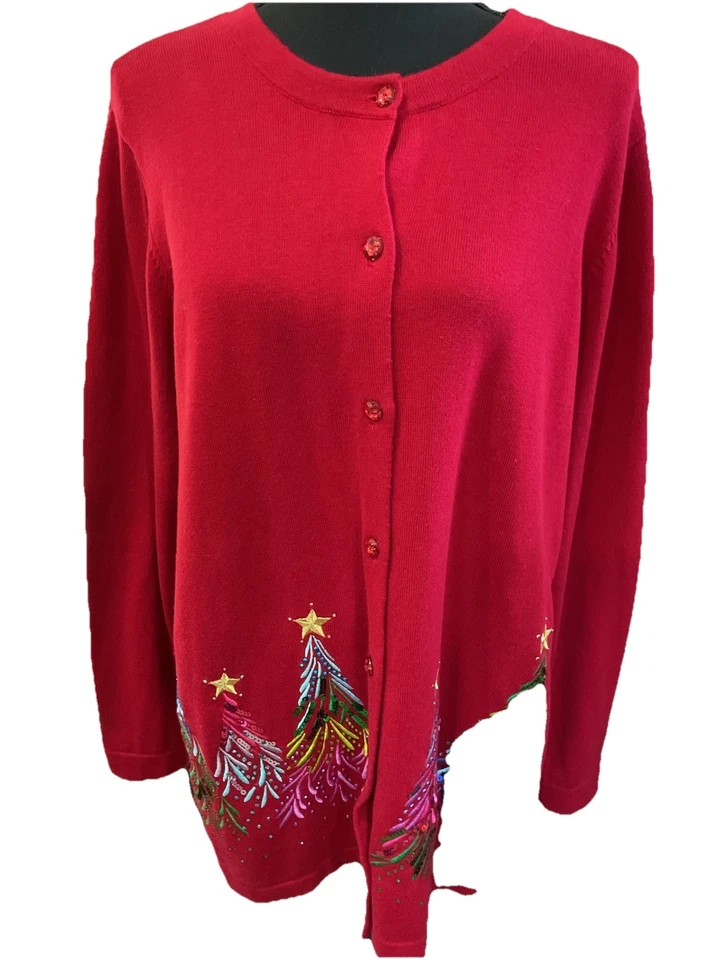 Quacker Factory XL Sequin Dazzling Christmas Tree Cardigan Red Holiday Sweater - Image 2 of 4