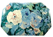 Set of 2 Vinyl Placemats floral Blue White Rose retro country cottagecore 70s