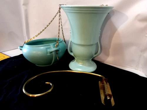 1935 Haegar Pottery Aqua Vase & Matching Hanging Vase-Brass Chains/Wall Mount